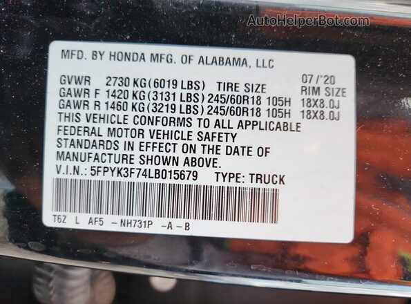 5FPYK3F74LB015679 2020 HONDA RIDGELINE Черный Вид подкапотного пространства