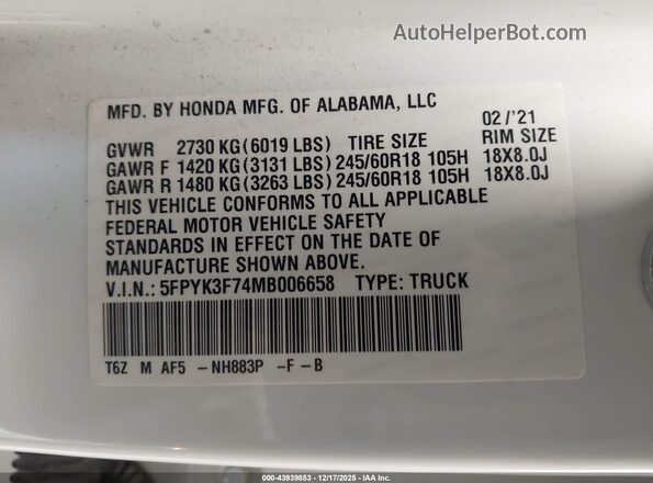 5FPYK3F74MB006658 2021 HONDA RIDGELINE Белый Вид подкапотного пространства