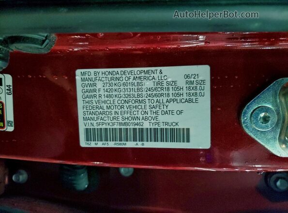 5FPYK3F78MB019462 2021 HONDA RIDGELINE Red ძრავის განყოფილების ხედი