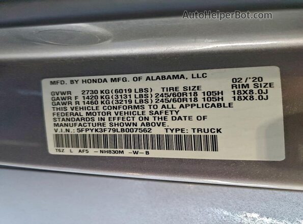 5FPYK3F79LB007562 2020 HONDA RIDGELINE Silver 
