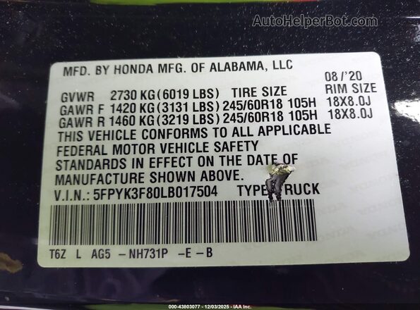 5FPYK3F80LB017504 2020 HONDA RIDGELINE Черный 
