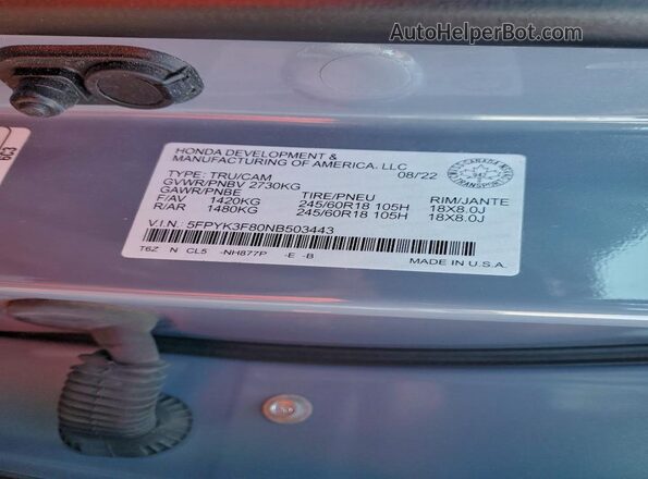 5FPYK3F80NB503443 2022 HONDA RIDGELINE Gray Вид підкапотного простору