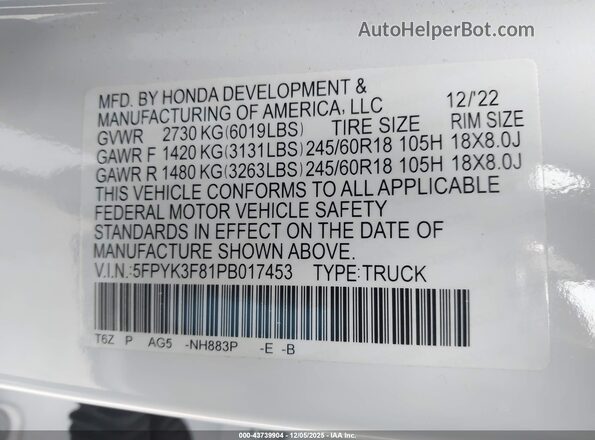 5FPYK3F81PB017453 2023 HONDA RIDGELINE White Вид підкапотного простору