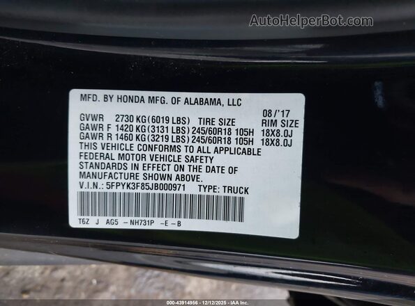 5FPYK3F85JB000971 2018 HONDA RIDGELINE Black 