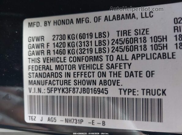 5FPYK3F87JB016945 2018 HONDA RIDGELINE Black 