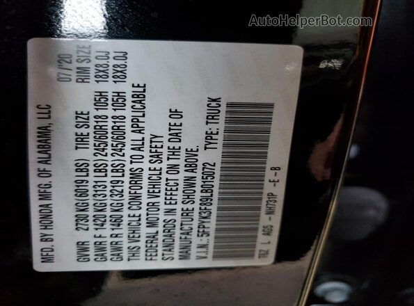 5FPYK3F89LB015072 2020 HONDA RIDGELINE Black 