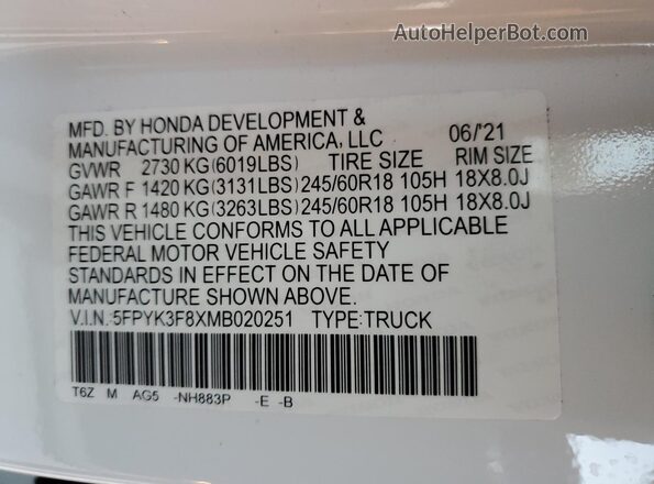 5FPYK3F8XMB020251 2021 HONDA RIDGELINE White Engine compartment view