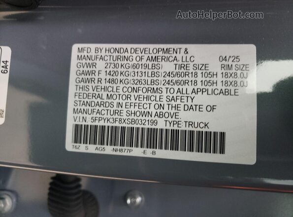 5FPYK3F8XSB032199 2025 HONDA RIDGELINE Gray VIN sticker view