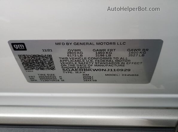 5GAERBKW0NJ110929 2022 BUICK ENCLAVE White Вид наклейки з VIN-кодом