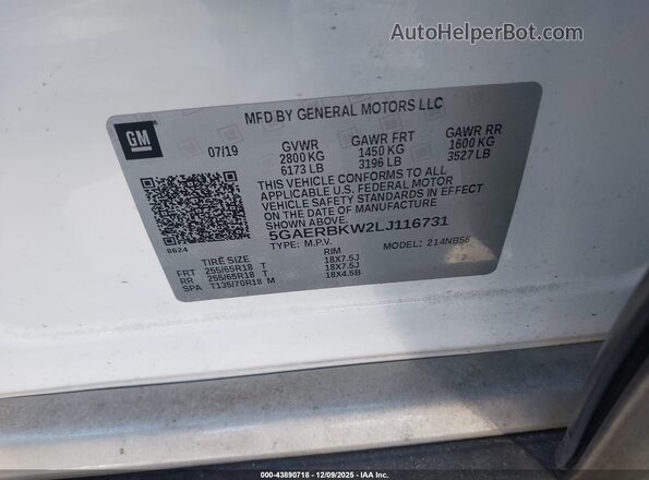 5GAERBKW2LJ116731 2020 BUICK ENCLAVE White Vista del compartimento del motor