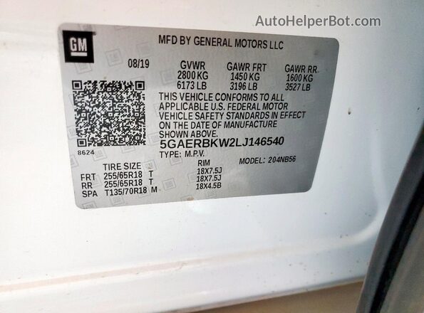 5GAERBKW2LJ146540 2020 BUICK ENCLAVE White Вид наклейки з VIN-кодом