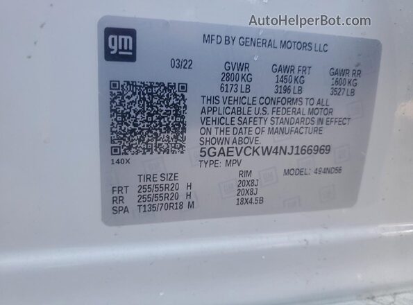 5GAEVCKW4NJ166969 2022 BUICK ENCLAVE White Вид наклейки з VIN-кодом