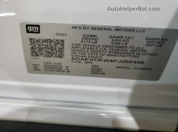 5GAEVCKW4PJ202498 2023 BUICK ENCLAVE White VIN კოდის სტიკერის ხედი
