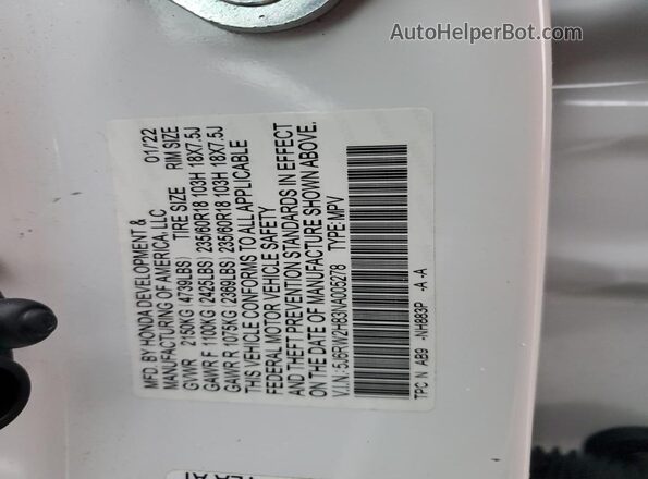 5J6RW2H83NA005278 2022 HONDA CR-V White Панорамний вид салону 360°