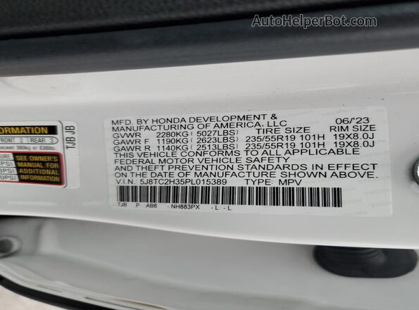 5J8TC2H35PL015389 2023 ACURA RDX White Вид наклейки з VIN-кодом