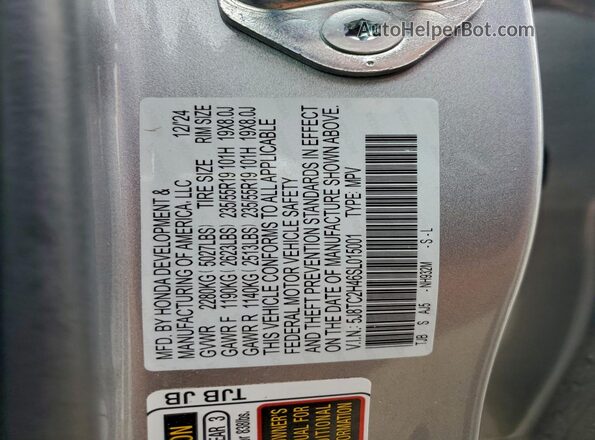 5J8TC2H46SL015001 2025 ACURA RDX Silver VIN sticker view