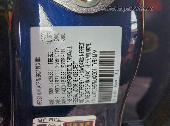 5J8TC2H57ML020901 2021 ACURA RDX Blue VIN კოდის სტიკერის ხედი