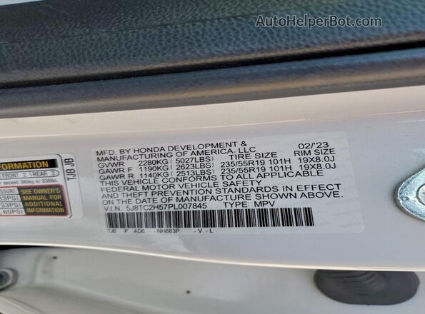 5J8TC2H57PL007845 2023 ACURA RDX White VIN կոդի պիտակի տեսք