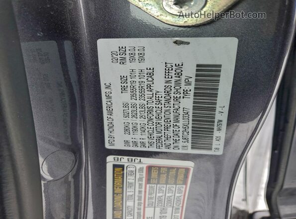 5J8TC2H5XLL033477 2020 ACURA RDX Gray VIN კოდის სტიკერის ხედი