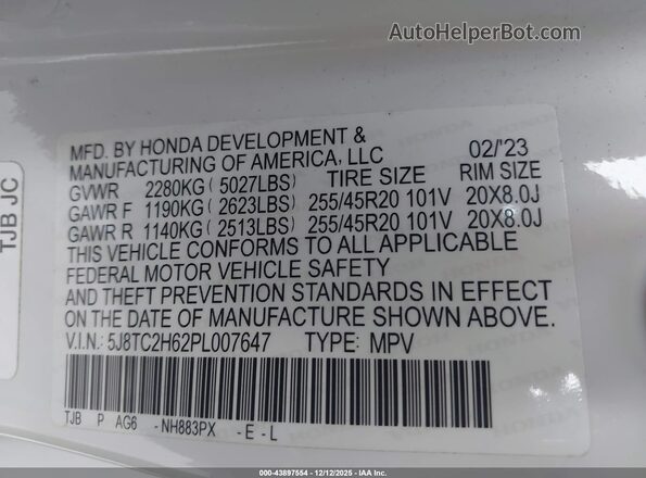 5J8TC2H62PL007647 2023 ACURA RDX White ძრავის განყოფილების ხედი