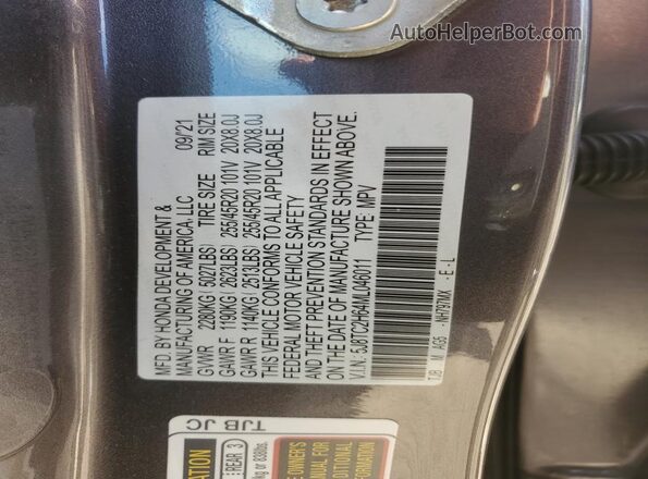 5J8TC2H64ML046011 2021 ACURA RDX Gray Vista de la etiqueta del VIN