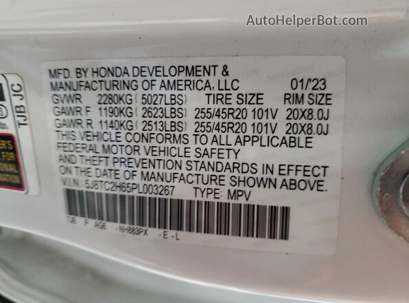 5J8TC2H65PL003267 2023 ACURA RDX White VIN կոդի պիտակի տեսք
