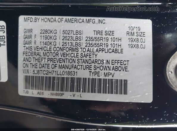 5J8TC2H71LL018531 2020 ACURA RDX Black Engine compartment view