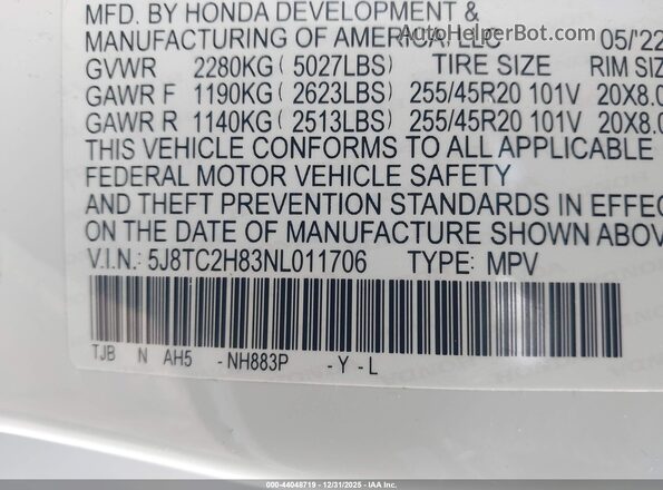 5J8TC2H83NL011706 2022 ACURA RDX White Вид підкапотного простору
