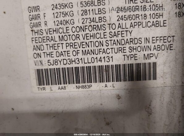 5J8YD3H31LL014131 2020 ACURA MDX White Widok komory silnika