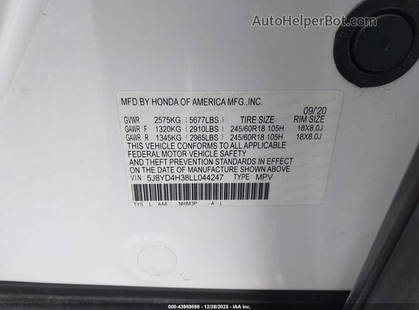 5J8YD4H38LL044247 2020 ACURA MDX White ძრავის განყოფილების ხედი