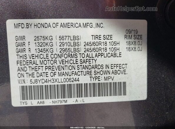 5J8YD4H3XLL006244 2020 ACURA MDX Gray Engine compartment view