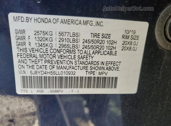 5J8YD4H55LL010932 2020 ACURA MDX Синий Вид наклейки с VIN-кодом
