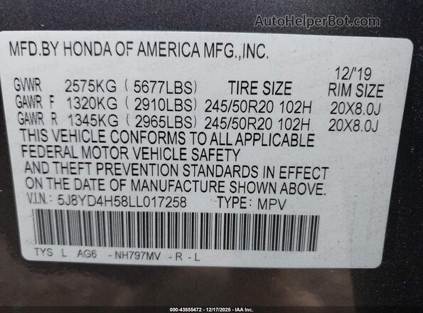5J8YD4H58LL017258 2020 ACURA MDX Серый Вид подкапотного пространства