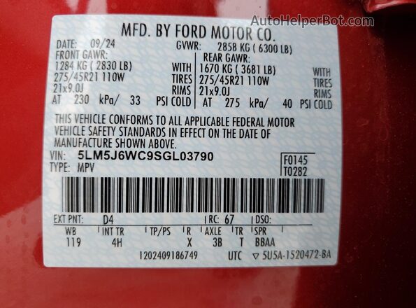 5LM5J6WC9SGL03790 2025 LINCOLN AVIATOR Maroon VIN კოდის სტიკერის ხედი