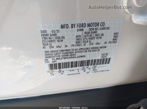 5LM5J7WC0SGL22900 2025 LINCOLN AVIATOR White Շարժիչի բաժամունքի տեսք