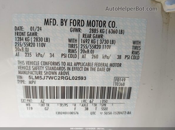5LM5J7WC2RGL02593 2024 LINCOLN AVIATOR White Вид підкапотного простору