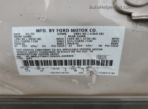 5LM5J7WC3NGL20899 2022 LINCOLN AVIATOR Cream ძრავის განყოფილების ხედი