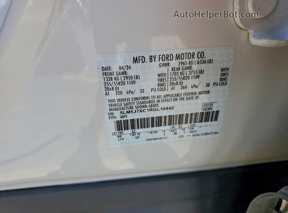 5LM5J7XC1RGL10442 2024 LINCOLN AVIATOR White Vista de la etiqueta del VIN