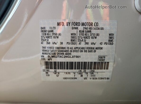 5LM5J7XC2NGL07561 2022 LINCOLN AVIATOR White Vista de la etiqueta del VIN