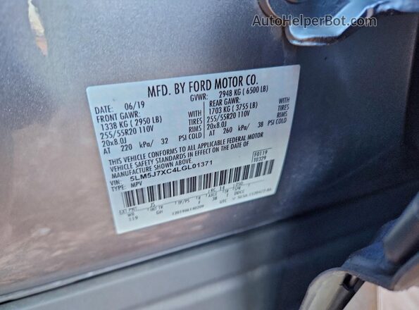 5LM5J7XC4LGL01371 2020 LINCOLN AVIATOR Silver Вид наклейки з VIN-кодом