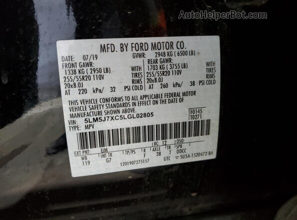 5LM5J7XC5LGL02805 2020 LINCOLN AVIATOR Black Вид наклейки з VIN-кодом