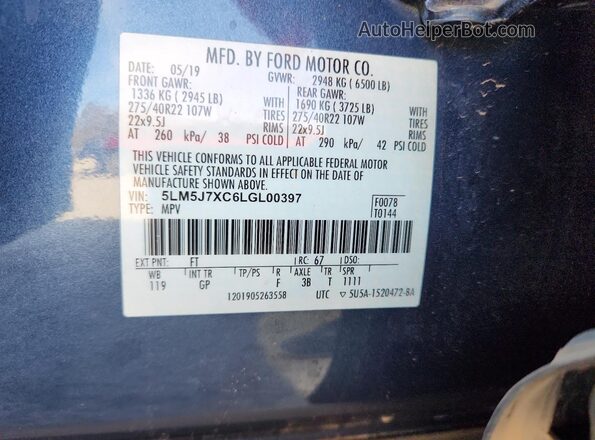 5LM5J7XC6LGL00397 2020 LINCOLN AVIATOR Blue VIN კოდის სტიკერის ხედი
