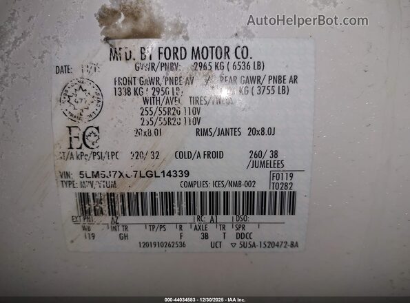 5LM5J7XC7LGL14339 2020 LINCOLN AVIATOR White ძრავის განყოფილების ხედი