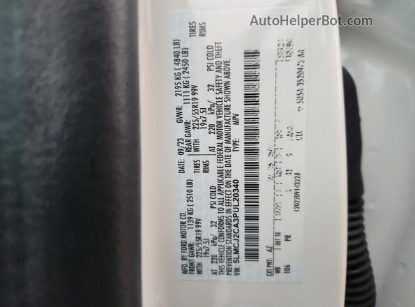 5LMCJ2CA3PUL20340 2023 LINCOLN CORSAIR White Widok naklejki z numerem VIN