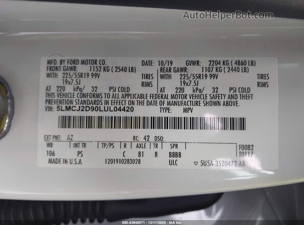 5LMCJ2D90LUL04420 2020 LINCOLN CORSAIR White Շարժիչի բաժամունքի տեսք