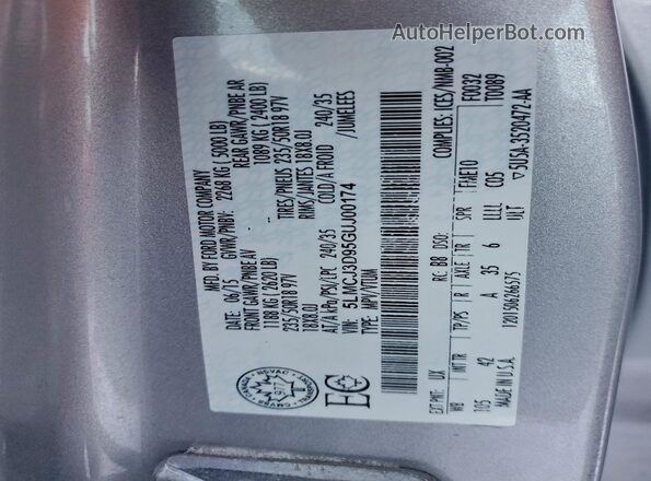 5LMCJ3D95GUJ00174 2016 LINCOLN MKC Silver Vista de la etiqueta del VIN