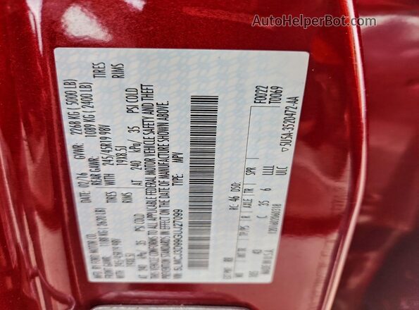 5LMCJ3D99GUJ27099 2016 LINCOLN MKC Maroon Вид наклейки з VIN-кодом