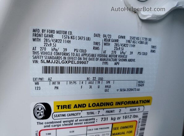 5LMJJ2LGXPEL09907 2023 LINCOLN NAVIGATOR White Widok naklejki z numerem VIN