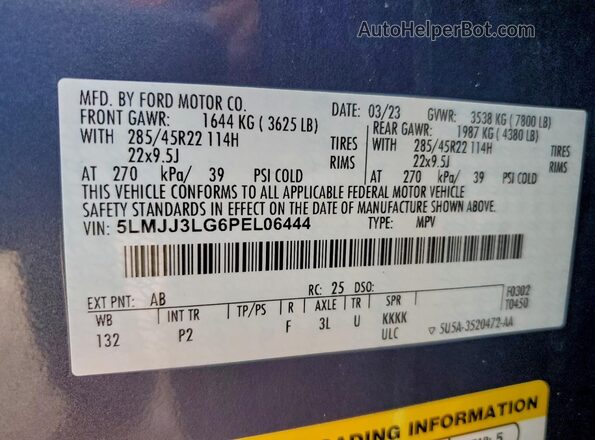 5LMJJ3LG6PEL06444 2023 LINCOLN NAVIGATOR Blue Vista de la etiqueta del VIN