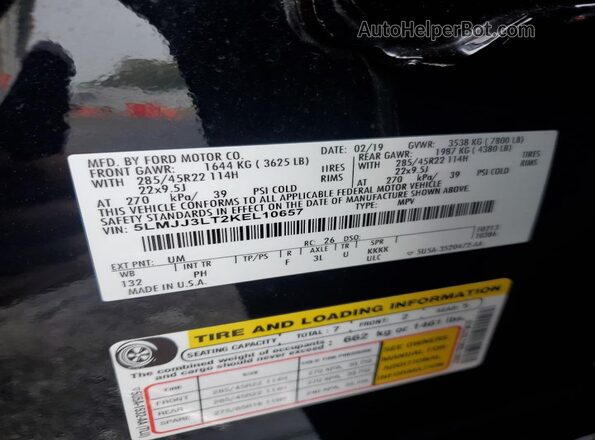 5LMJJ3LT2KEL10657 2019 LINCOLN NAVIGATOR Black VIN կոդի պիտակի տեսք